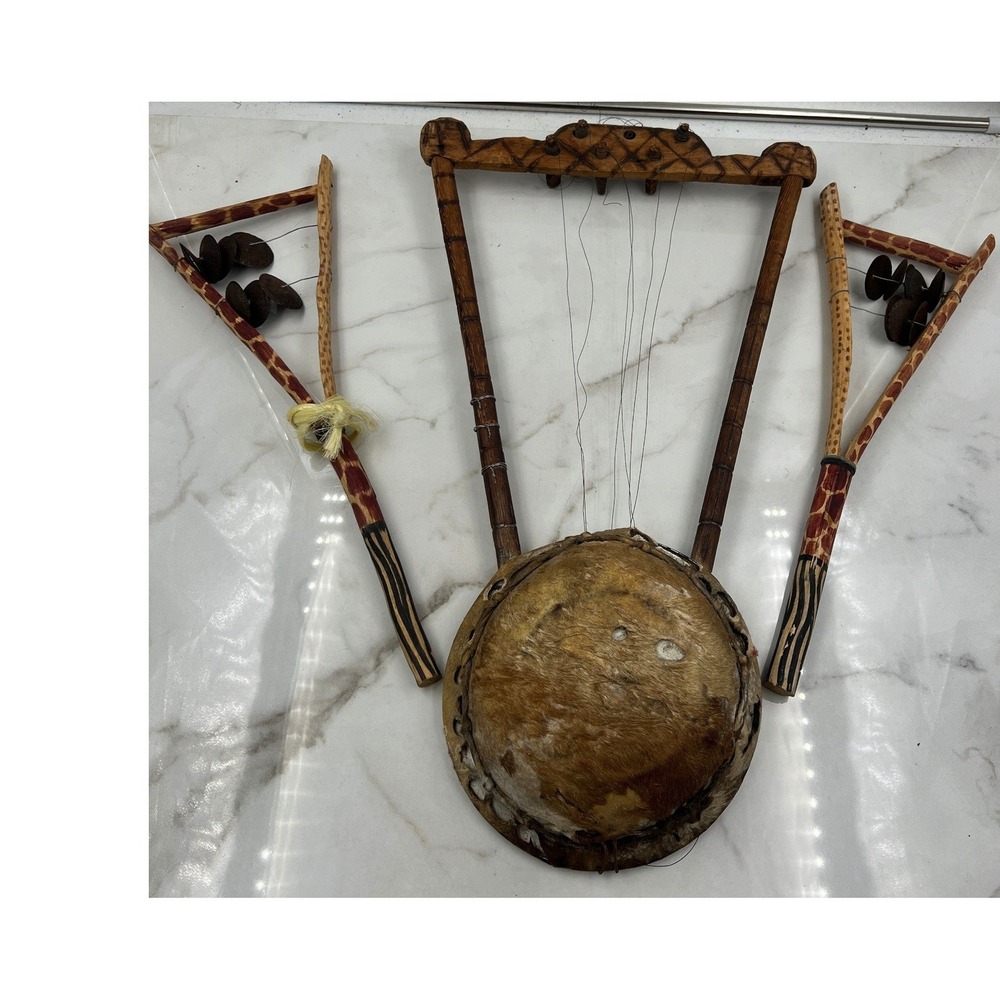 VTG Ethiopian Lyre Kissar Instrument African Psaltery Turtle Shell Shakers Set